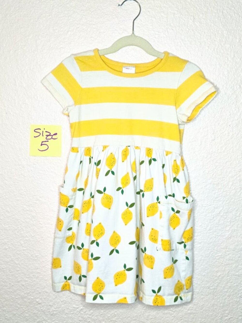 Hanna Andersson Girls Size 5 Yellow Striped Lemon Print Pocket Dress